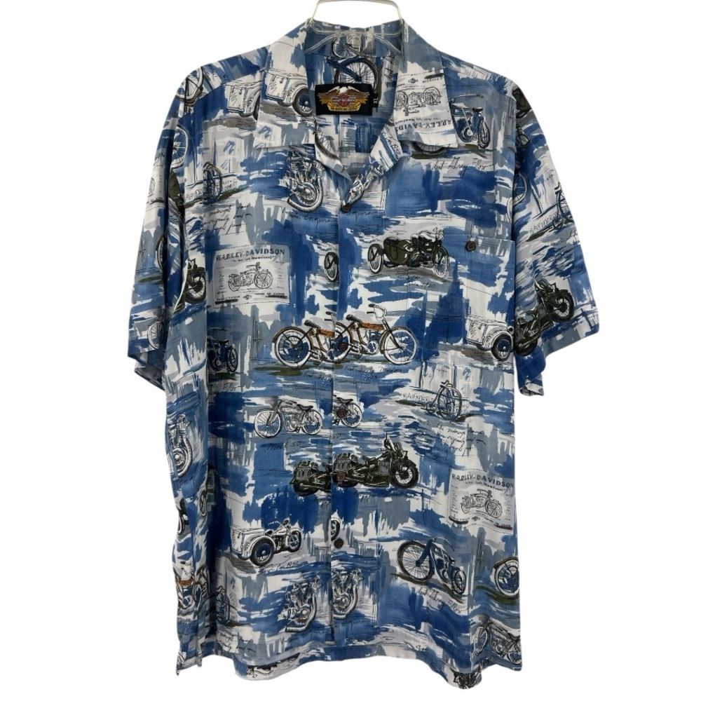HARLEY-DAVIDSON Blue Rayon 90’s MOTORCYCLE HAWAIIAN SHIRT Retro Biker Men's XL